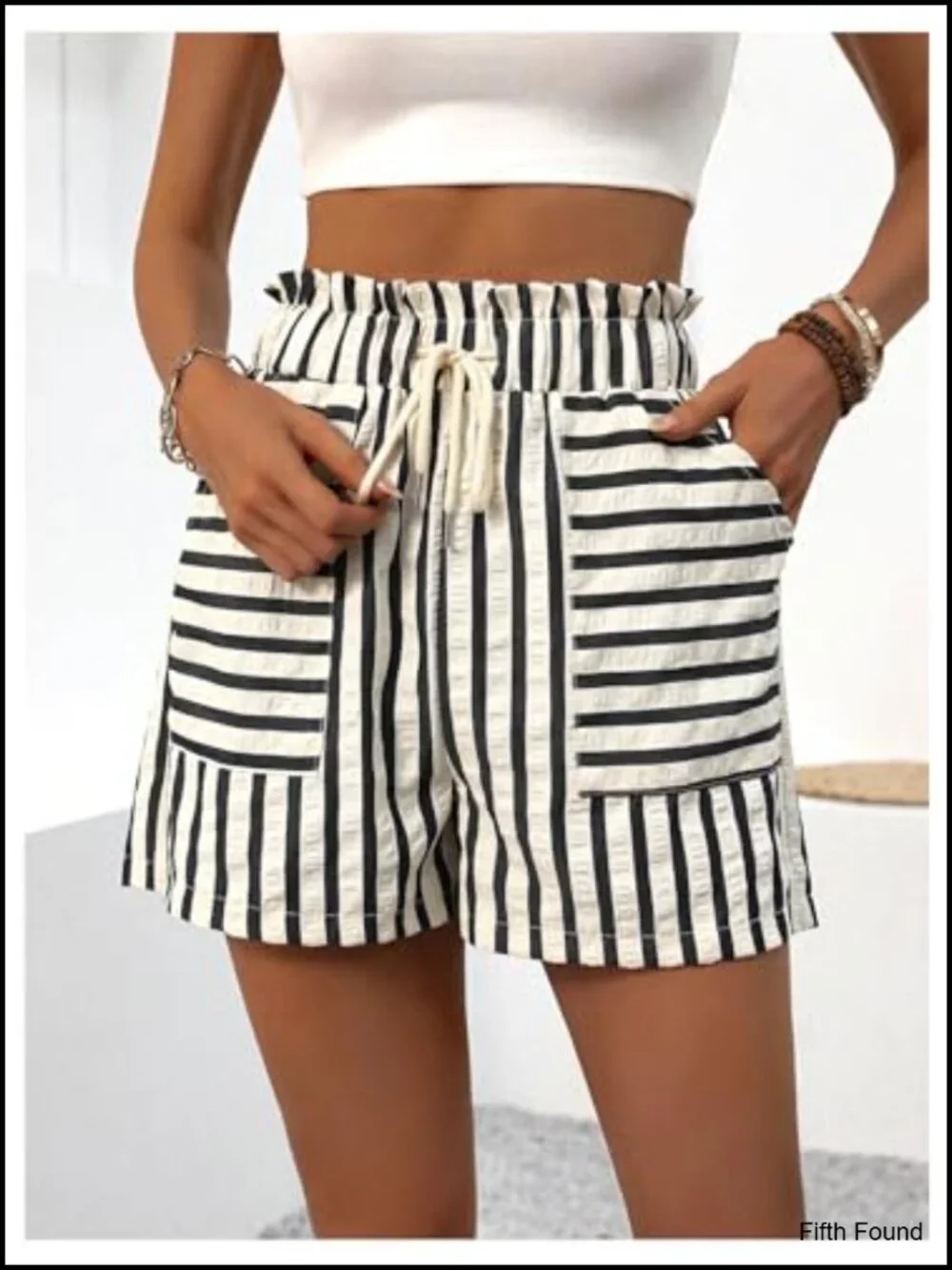 High Rise Striped Linen Shorts with Drawstring Waist